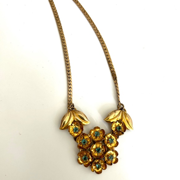 Vintage Gold Filled Floral Necklace — Turquoise Crystal Accents — Signed - Picture 9 of 9